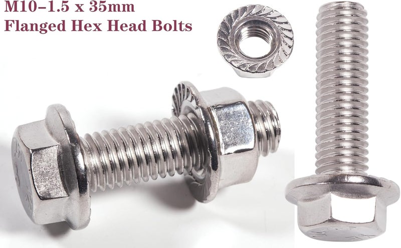 BEONEO M10X1.5-35mm Stainless Steel Exhaust Bolt Flange Screws M10X1.5 Flange Bolt Exhaust Stud Exhaust Manifold Hardware Kit (Bolts&Nuts) (4 Pack) - Image 3